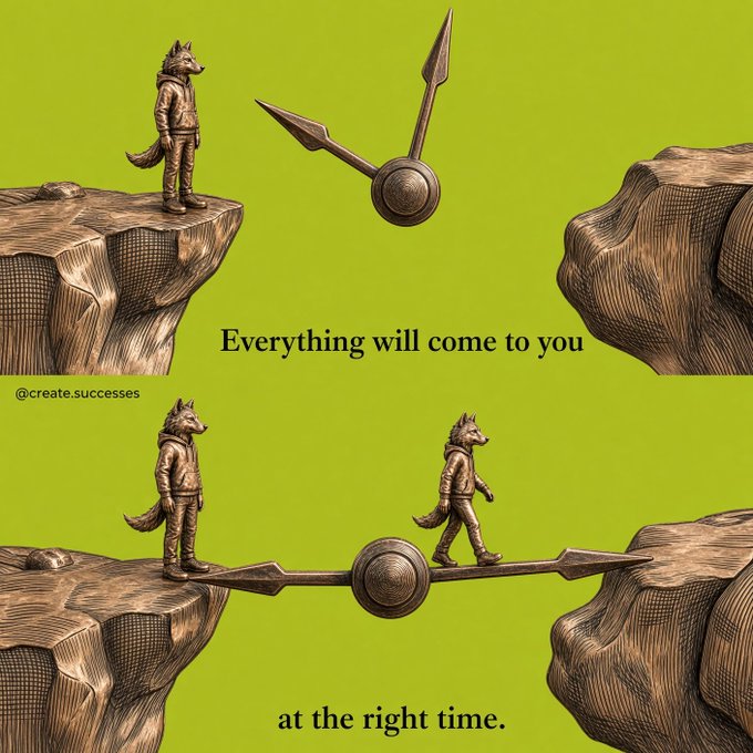 An illustration by @create.successes on a green background showing a wolf-like figure in a hoodie standing on a cliff, with a clock hand bridging the gap and text reading 'Everything will come to you at the right time.'