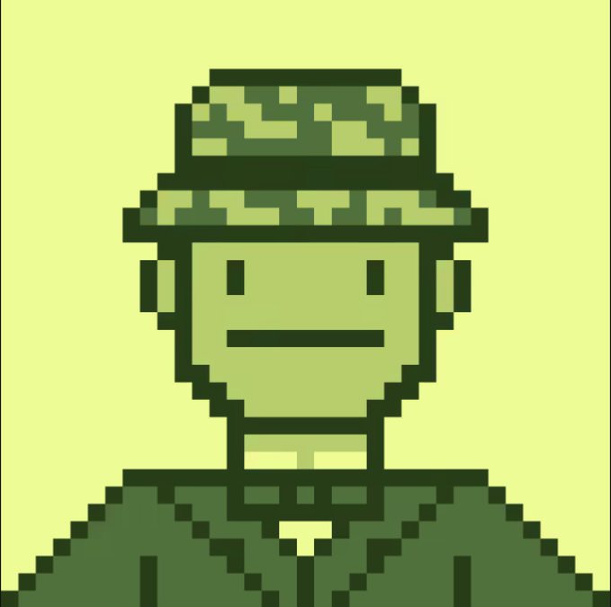A pixel art portrait of a character wearing a green military-style hat and uniform against a yellow-green background, resembling the aesthetic of a retro handheld console game.