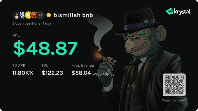 A dark-themed promotional card from 'krystal' showing a vault named 'bismillah bnb' with 5 open positions and a PnL of $48.87, alongside an illustrated monkey in a suit smoking a cigar and a 'Copy this vault' QR code.