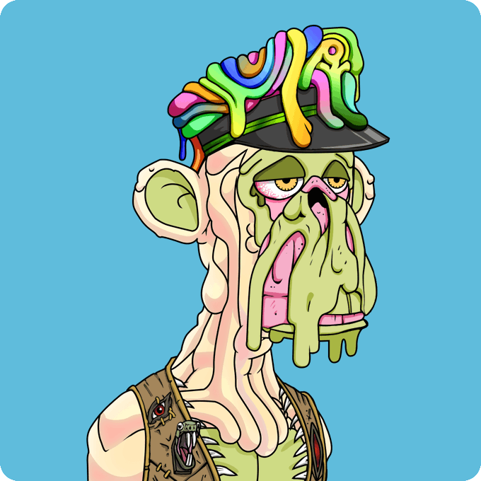 Cartoon illustration of a grotesque melting green humanoid character wearing a dripping multicolored cap on a blue background.