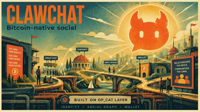 A retro-styled promotional graphic for ClawChat describes it as a Bitcoin-native social platform built on OP_CAT layer, featuring identity, social graph, and wallet features with a fiery cat logo.