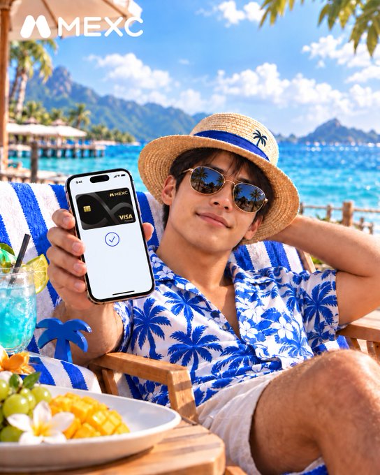 A man in a straw hat and floral shirt lounges on a striped beach chair, holding up a phone displaying a MEXC Visa card with a blue checkmark, against a tropical beach backdrop featuring the MEXC logo.