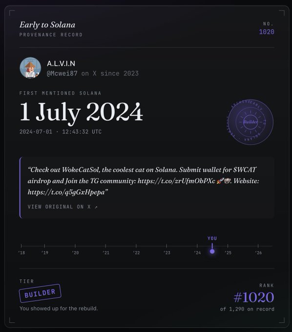 The image shows a screenshot of a social media platform's dashboard with information about a user's first post on Solana. The post was made on 1 July 202f4, and the user has been ranked #1020. The post says "Check out Solana the coolest cat on Solana. SODA wallet for SWCAT".