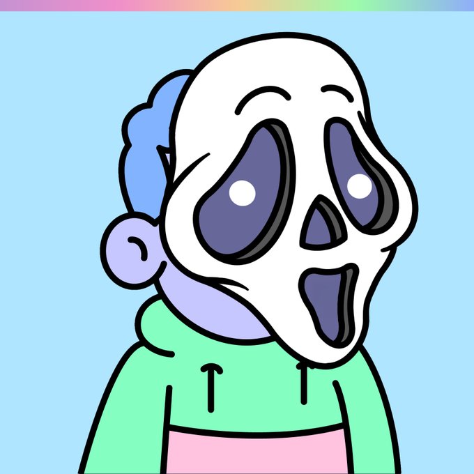 A cartoon illustration of a skeleton character wearing a blue beanie and a green, pink, and purple hoodie, with large expressive eyes.