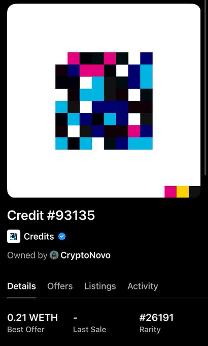 Screenshot of an NFT listing for Credit #93135 from the Credits collection, owned by CryptoNova, with a best offer of 0.21 WETH and rarity #26191.