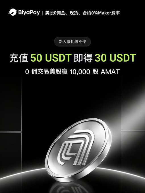 A promotional advertisement for BiyaPay featuring Chinese text '美股0佣金、现货、合约0%Maker费率' and a promotion offering '充值 50 USDT 即得 30 USDT' and '0佣交易美股赢 10,000 股 AMAT', displayed alongside a metallic USDT coin.
