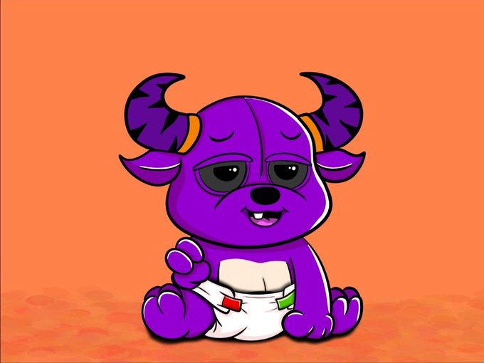 A cartoon illustration of a purple, demonic-looking baby character with horns and fangs sitting on an orange background, wearing a white diaper that appears to be slipping.