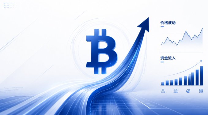 A graphic showing a blue Bitcoin logo with an upward arrow and charts labeled '价格波动' (price fluctuation) and '资金流入' (capital inflow).