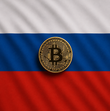A gold Bitcoin coin rests against the backdrop of the Russian flag (white, blue, and red stripes), symbolizing the anticipated surge of Russian capital flowing into cryptocurrency ahead of the September 1st regulatory cap limiting individuals to approximately $3,500 (550,000 yen) in annual crypto purchases.