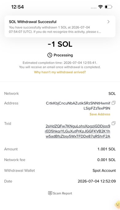 A screenshot of a mobile app showing a successful "SOL Withdrawal Successful" notification for 1 SOL to the address starting with CrtkKbjCncuNbAZutikSRz, with a transaction ID and network fee of 0.001 SOL, serving as proof of the giveaway transfer to yesterday's winner mentioned in the post.