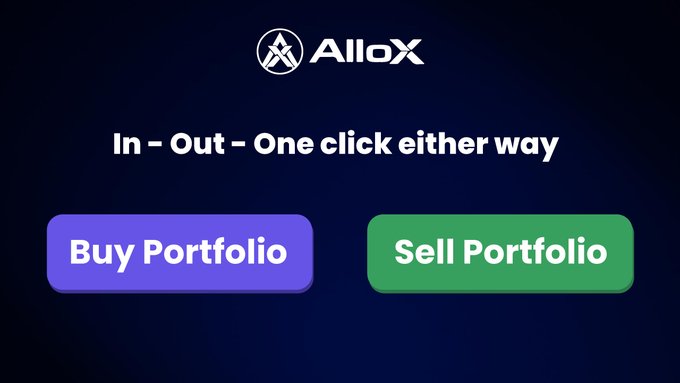 A promotional graphic for 'AlloX' featuring the text 'In - Out - One click either way' with purple 'Buy Portfolio' and green 'Sell Portfolio' buttons.