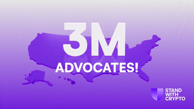 The image features a stylized purple map of the United States overlaid with bold white text reading "3M ADVOCATES!" alongside the "Stand With Crypto" logo in the bottom right corner. This visually reinforces the milestone announcement of 3 million U.S. crypto advocates, emphasizing the movement's nationwide reach and growing influence ahead of the November election.
