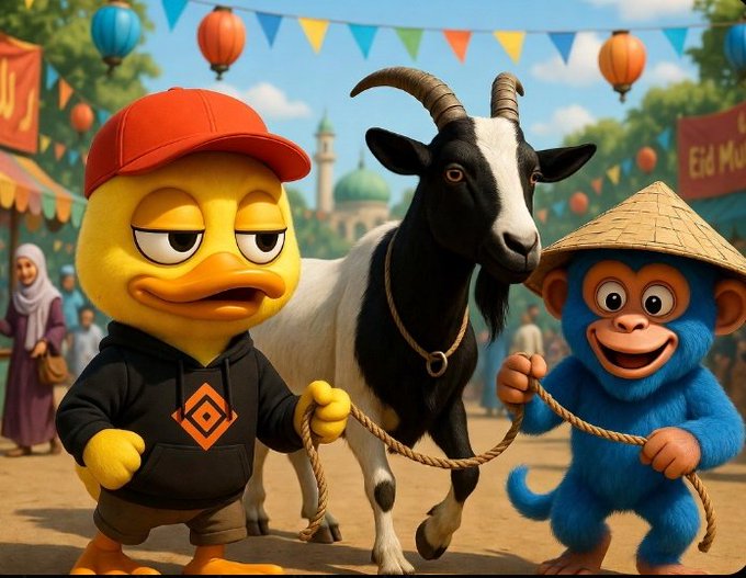 The image features two cartoon characters - a duck wearing a red hat and a goat with horns - standing next to each other. The background of the image includes colorful flags, suggesting that they are at an event or festival. A caption below the image reads "Good morning fam Eid Mubarak from @wallchain! May this blessed Eid bring peace, happiness, success, and endless blessings to you and your loved ones".