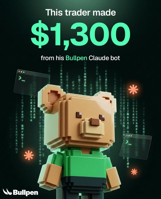 The image is a Bullpen promotional graphic featuring a 3D voxel-style bear character against a backdrop of falling green code, with text reading "This trader made $1,300 from his Bullpen Claude bot." While the accompanying post discusses how infrastructure and meme coins like $ANSEM work together in the on-chain economy, the image itself focuses on a separate success story—highlighting individual trading profits from Bullpen's Claude bot rather than the meme coin/user ecosystem relationship mentioned in the caption.