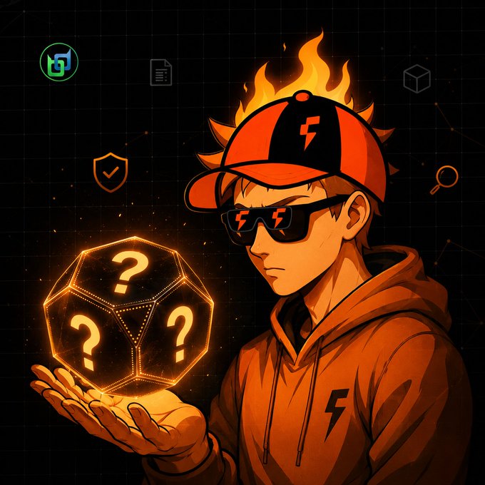 An anime-style illustration of a character wearing an orange cap with a lightning bolt, sunglasses, and a hoodie, holding a glowing 20-sided die with question marks.