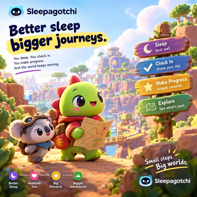 A promotional graphic for the Sleepagotchi app featuring the text "Better sleep, bigger journeys." alongside a green dinosaur character and a koala holding a map, with menu options: Sleep, Check In, Make Progress, and Explore.