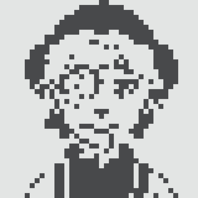 A pixel art portrait of a person with short hair wearing glasses and a jacket against a white background.