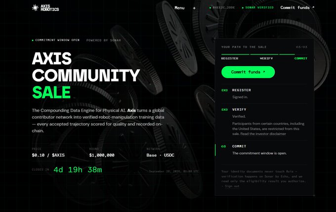 The "AXIS COMMUNITY SALE" webpage for an AI data engine, displaying token sale details of $1,000,000 at $0.10/$AXIS, with 4d 19h 38m remaining.