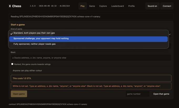 A screenshot of the X Chess web interface on a dark theme, showing options to 'Start a game' with 'Standard, both players pay their own gas' selected and errors stating white and black are not set.