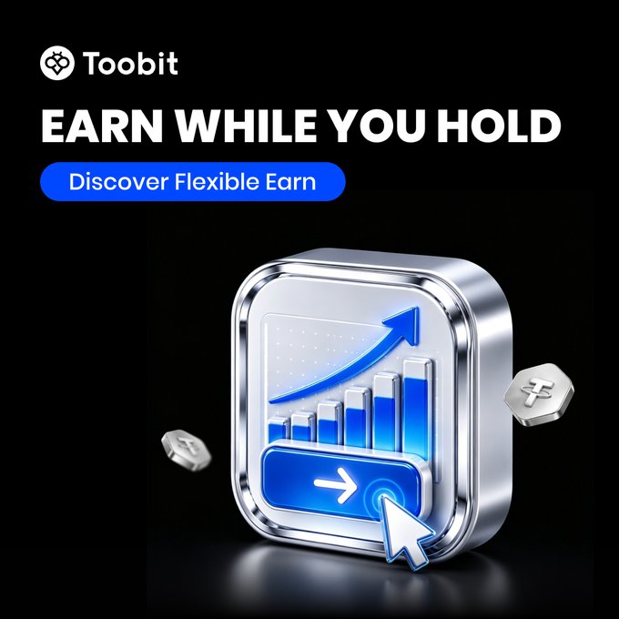 A Toobit cryptocurrency advertisement reads "EARN WHILE YOU HOLD - Discover Flexible Earn" featuring a 3D graphic of a chart and coins.