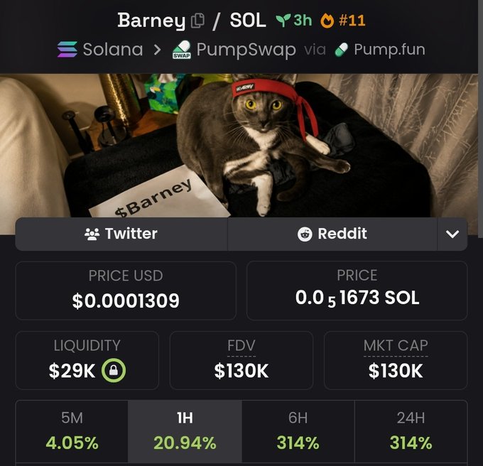 The image shows a cryptocurrency token page for "Barney" on the Solana network via PumpSwap/Pump.fun, featuring a photo of a gray cat wearing a red "Hi Kitty" headband sitting next to a "$Barney" sign. Key metrics displayed include a price of $0.0001309 USD (0.0001673 SOL), liquidity of $29K, market cap of $130K, and significant gains across timeframes (+20.94% in 1H, +314% in 6H/24H), which aligns with the post's "animal meme lottery" framing of the $Barney token as a high-risk speculative bet.