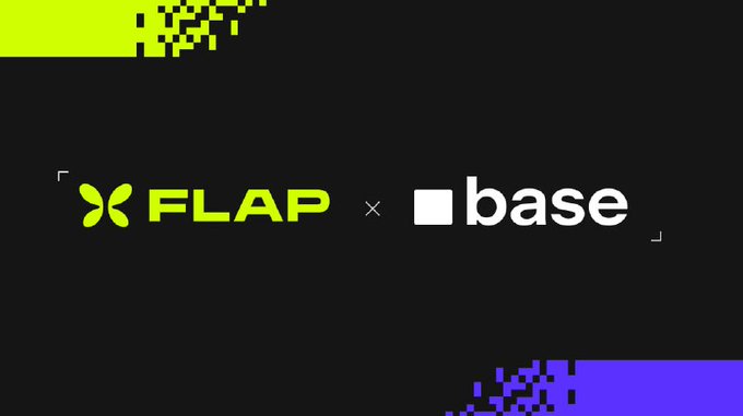 A graphic with a black background shows the 'FLAP' logo in green next to the 'base' logo in white, separated by an 'x' symbol, with yellow and purple pixelated accents in the corners.