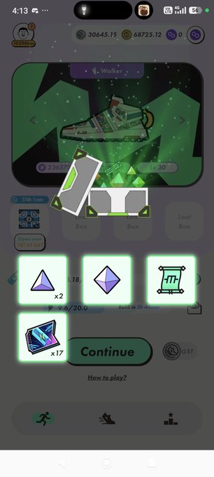 Screenshot from the STEPN app showing a successful "Mystery Box" reveal with a Walker sneaker (Level 30), accompanied by a 2x Multiplier reward, a Relic (8h 46m), and various gems. The post celebrates getting a high-quality mint four days in a row, speculating that a 5th-day mint or upcoming anniversary event may be near.