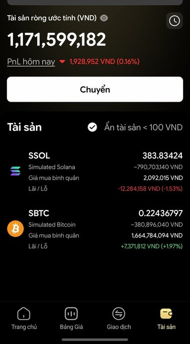 A Vietnamese crypto portfolio app shows a net asset value of 1,171,599,182 VND with a daily PnL of -1,928,952 VND, displaying positions in Simulated Solana (SSOL) at a loss and Simulated Bitcoin (SBTC) at a profit.