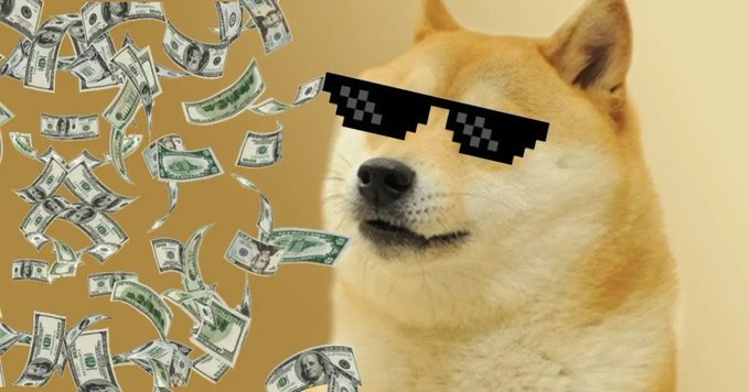 A meme image of a Shiba Inu dog wearing pixelated 'deal with it' sunglasses, surrounded by falling US dollar bills on a tan background.