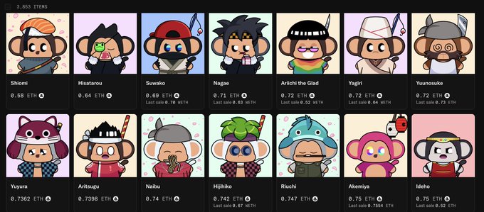 A screenshot of an NFT marketplace displaying a grid of cartoon monkey avatars with names like Shiomi, Hisatsugu, Suwako, and Nagae, each listed with their ETH prices.