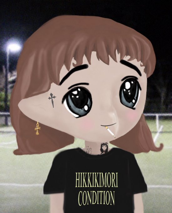 A chibi-style digital avatar of a brown-haired anime girl with large eyes, a cross earring, and a cigarette stands in front of a nighttime soccer field, wearing a black shirt reading "HIKKIKIMORI CONDITION." The aesthetic and edgy text align with the poster's casual, sendy crypto Twitter vibe.