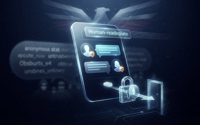 A stylized digital illustration depicting a "Human-readable" interface featuring secure communications, with user profile icons, chat bubbles, and a padlock symbol set on a smartphone-like display.