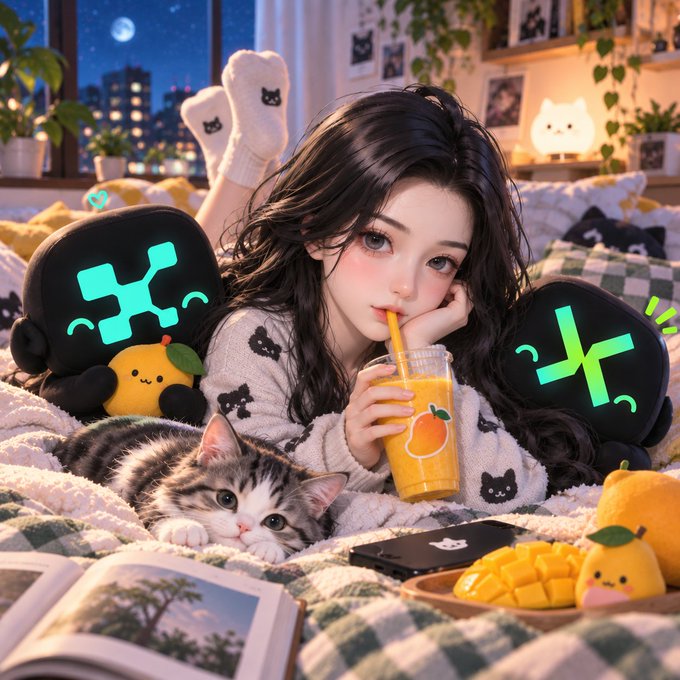 A digital illustration of a girl in cat-patterned pajamas lying on a bed drinking orange juice, surrounded by cute cat plushies, a real cat, and digital character companions.