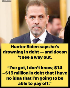 A photo of Hunter Biden with a yellow text overlay reading: "Hunter Biden says he's drowning in debt — and doesn't 'see a way out. I've got, I don't know, $14–$15 million in debt that I have no idea that I'm going to be able to pay off.'" The image presents a financial hardship claim related to the accompanying "GM! Are you ready?" post, though the connection to a morning greeting is unclear without additional context.