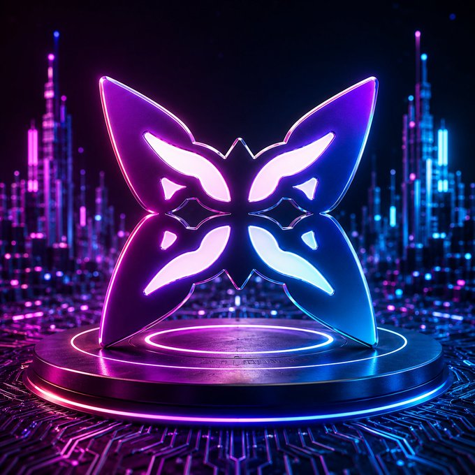 A 3D-rendered neon purple and blue stylized emblem or mask with wing-like shapes, glowing on a circular pedestal against a futuristic cyberpunk cityscape backdrop.