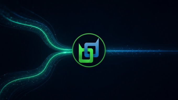 A stylized blue and green logo is centered on a dark background, surrounded by flowing green and blue light trails.