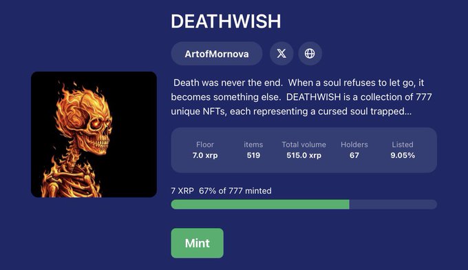 A webpage for an NFT collection called "DEATHWISH" by Art of Mornova shows a flaming skull artwork, listing details such as a 7.0 XRP floor price, 519 items, and a 67% mint progress bar.
