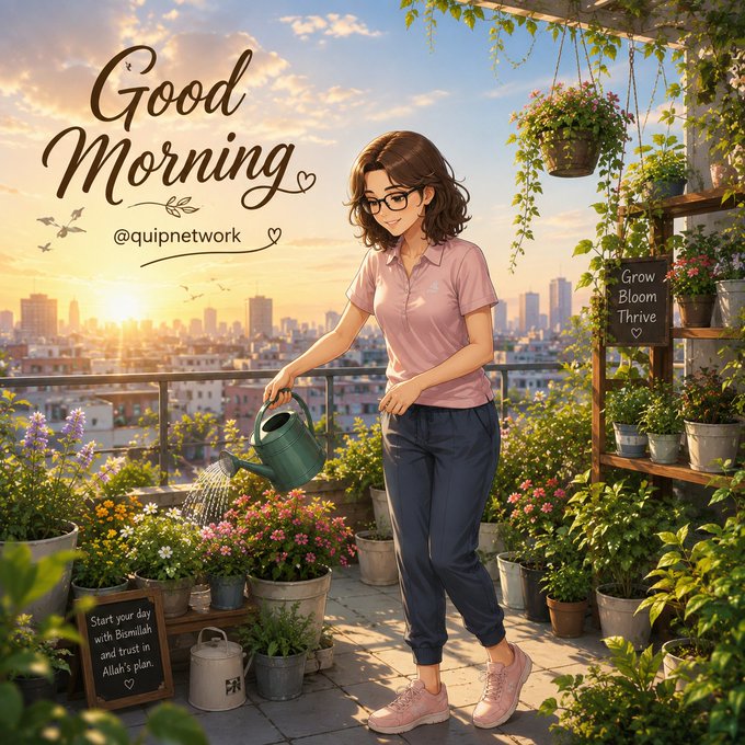 An illustrated 'Good Morning' greeting card (@quipnetwork) featuring a bespectacled woman watering potted flowers on a rooftop garden at sunrise.