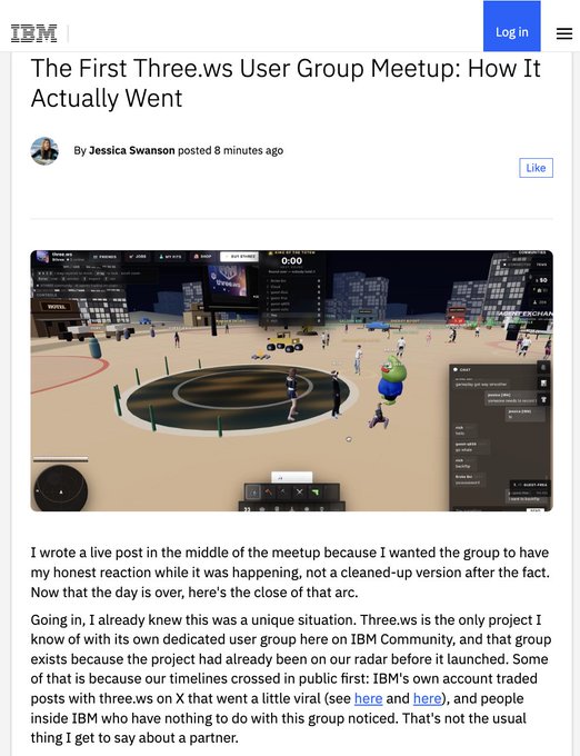 An IBM blog post titled "The First Three.ws User Group Meetup: How It Actually Went" by Jessica Swanson, featuring a screenshot of a virtual 3D meetup space. This relates to the caption by highlighting IBM's surprising engagement with a crypto project (Three.ws), underscoring the significance of a major tech company covering blockchain-based virtual communities.