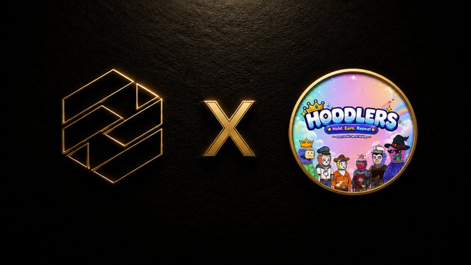 A collaboration announcement featuring a golden logo next to an 'X' and the 'Hoodlers Hood Earn Rewards' NFT collection on a dark background.