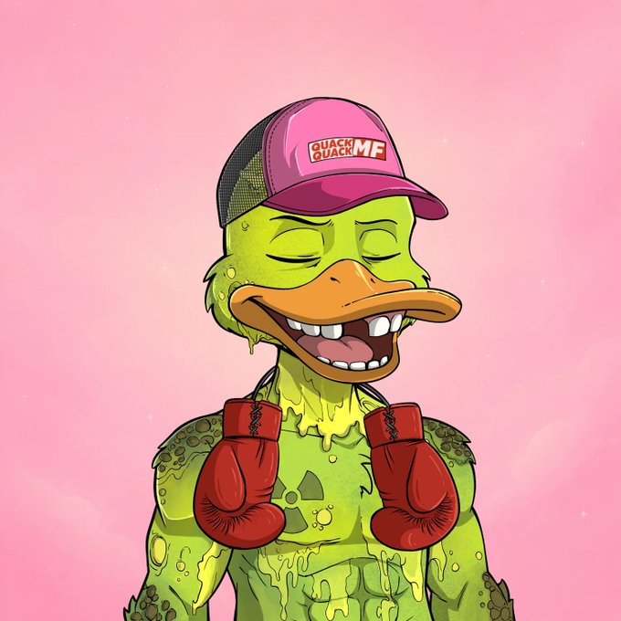 A cartoon illustration of a green, slimy duck-like character wearing a pink 'QUACK QUACK MF' cap and red boxing gloves against a pink background.