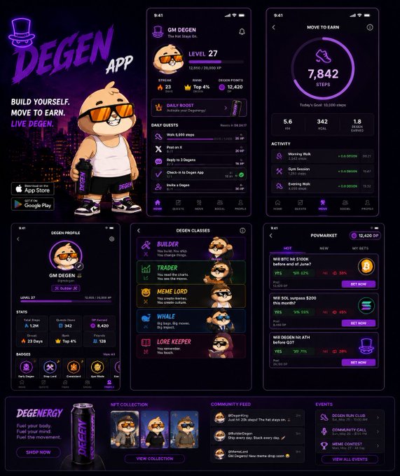 The image features a poster for a mobile app called "Degen App". The poster displays various elements of the app's interface, including icons representing different aspects such as social media, fitness tracking, and gaming. The app appears to be designed for personal use or entertainment purposes, with a focus on building oneself through movement and earning points in the game. The post encourages users to engage in these activities and build their own virtual lives.