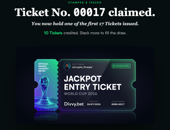 The image features a poster for a World Cup Entry Ticket, which is an online ticket that allows you to enter the World Cup and win a prize. The poster includes a claim that 10 tickets have been claimed, meaning that someone has already won one of these tickets. The website where this event is taking place can be found at divvy.bet/world-cup-2026.