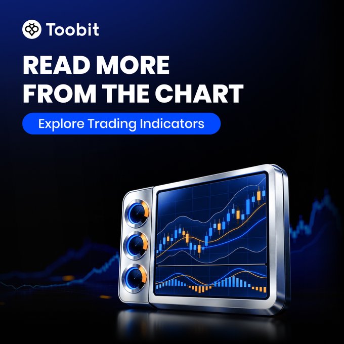 A promotional graphic for Toobit that reads "READ MORE FROM THE CHART" with a blue button saying "Explore Trading Indicators," showing a futuristic 3D device displaying a candlestick chart.