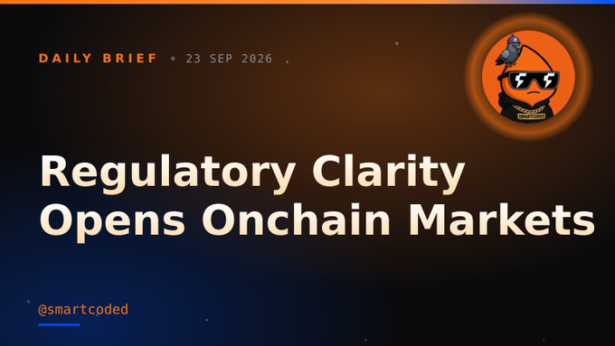 A 'Daily Brief' dated '23 SEP 2026' from @smartcpded with the headline 'Regulatory Clarity Opens Onchain Markets' and a cartoon bird character wearing sunglasses and a gold chain.