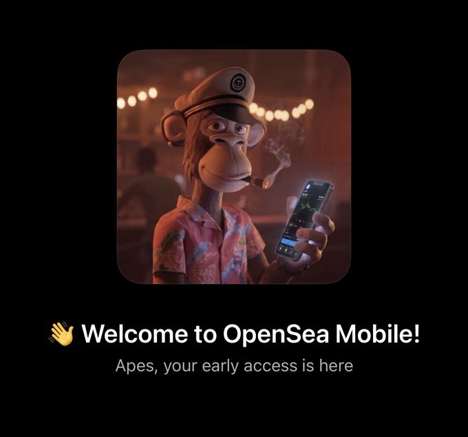 The image features a cartoon monkey holding an iPhone with a smokey eye effect. The background of the image is black, which contrasts with the colorful depiction of the monkey. The text "Access granted!" is displayed at the bottom of the image, indicating that the user has been given permission to use the app. The post also mentions that the app is called OpenSea Mobile and provides an early access code for users who want to try it out.