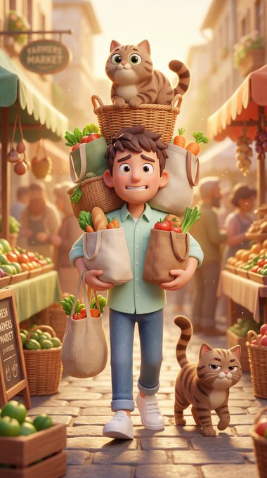 The image features a cartoon boy carrying bags of produce, including carrots and apples, while walking down a street with a cat following him. There are also two other people present in the scene, one near the left side and another towards the right side. The background includes an outdoor market setting with various items for sale, such as fruits and vegetables.
