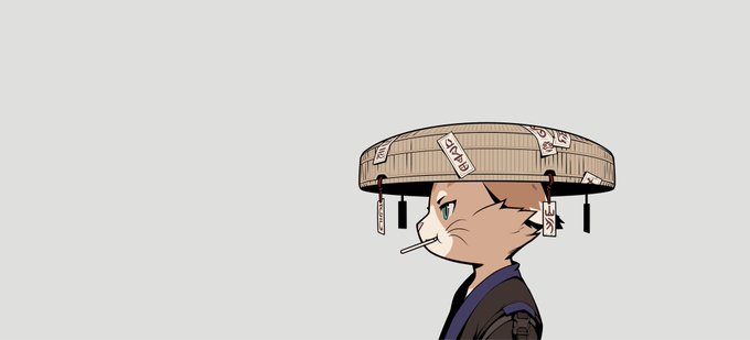 A 2D illustration of a chibi-style anime character shown in profile, wearing a dark outfit and a wide, flat straw hat adorned with paper talismans, with a small stick in their mouth.