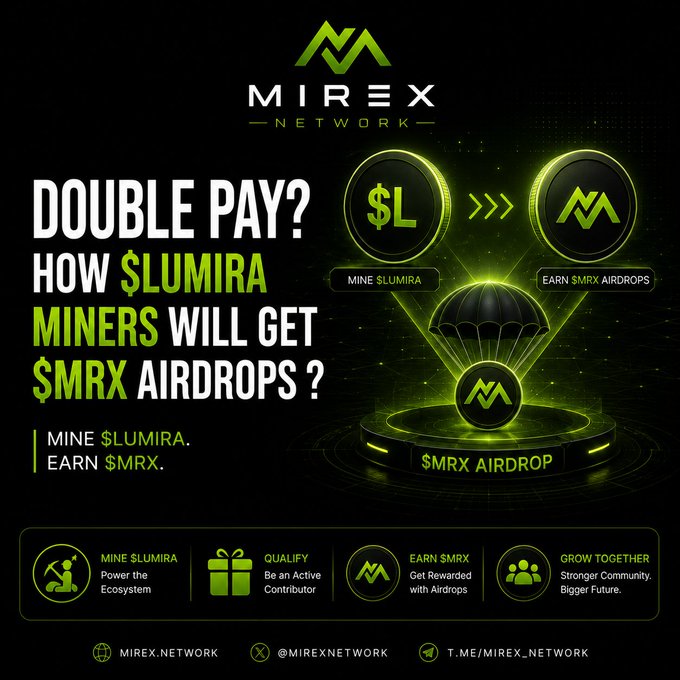 A promotional graphic for the Mirex Network explains how $LUMIRA miners will also receive $MRX airdrops, visually showing a $L coin transforming into the Mirex logo with a "$MRX AIRDROP" parachute, alongside four steps: Mine $LUMIRA, Qualify, Earn $MRX, and Grow Together.