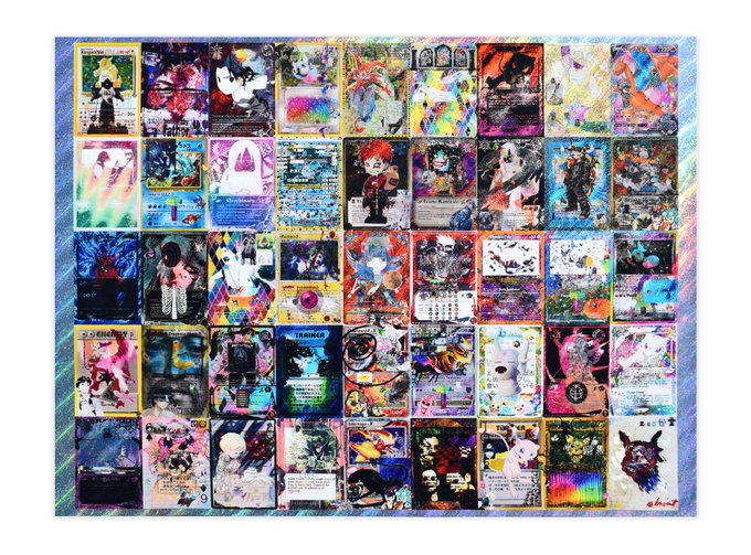 A colorful collage displays numerous Pokémon trading cards arranged in a grid, featuring various characters in vibrant artwork with a blue textured background.